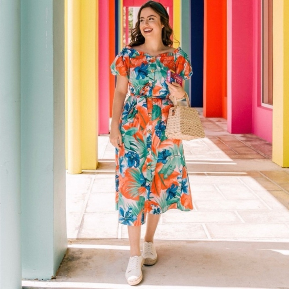 Zara Tropical Floral Off Shoulder Midi Dress S Pockets Puff Sleeve Resort Summer - Picture 4 of 16